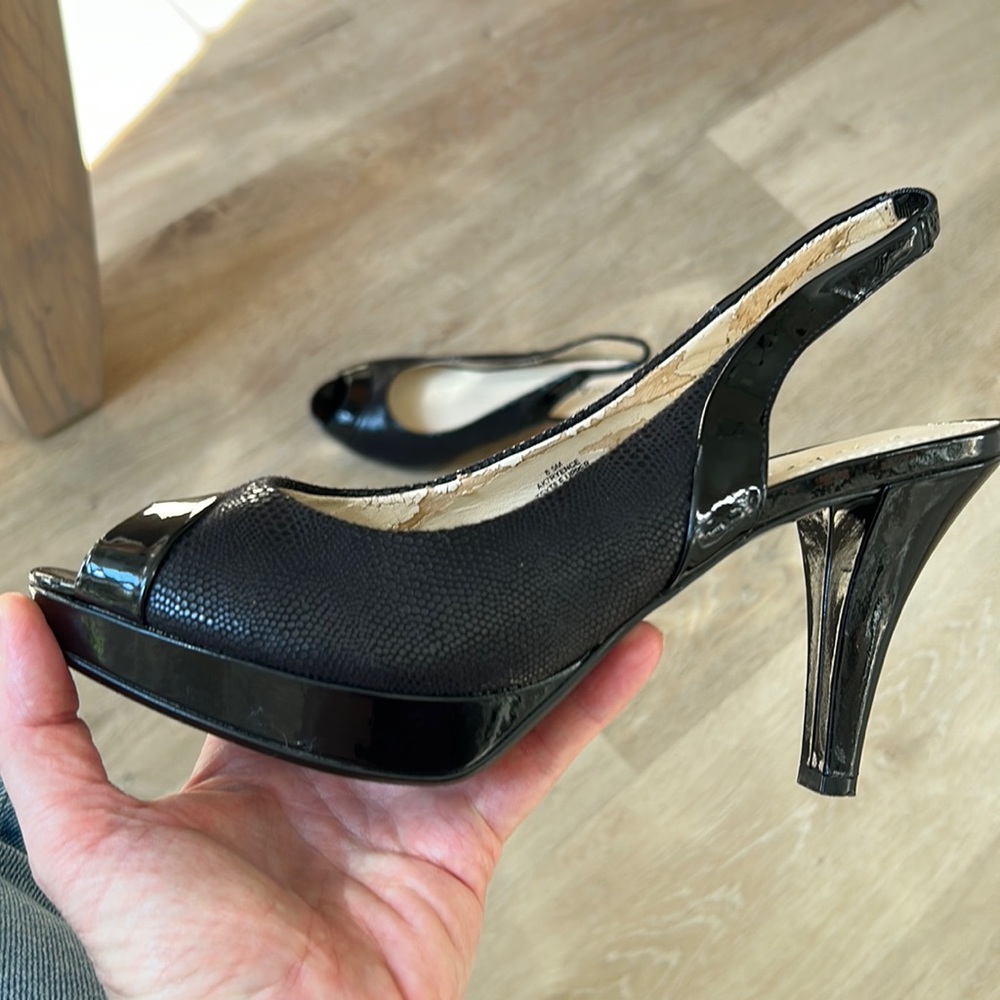 Black sling back peep toe patent high heel platform